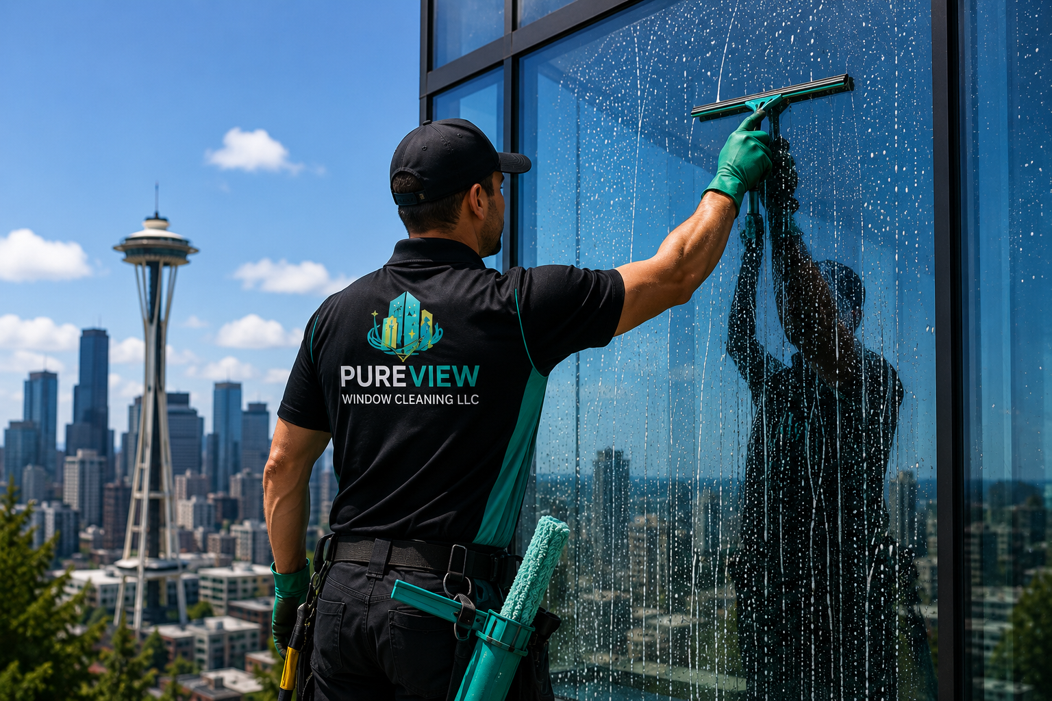 Professional window cleaning on a commercial glass building